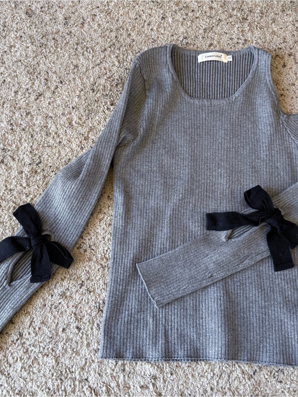 Gray Ribbed Cold Shoulder Sweater with Black Bow Detail
